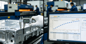 :Close-up inspection and SPC data validation of a laser-cut EV battery tray, demonstrating micron-level precision and process control critical for automotive components manufacturing.